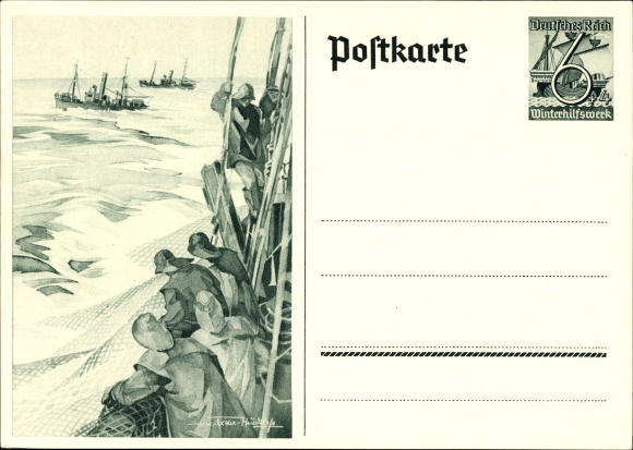 Postwaardestuk Ansichtkaart Axster Heudtlaß, vissers op volle zee, vissersboten