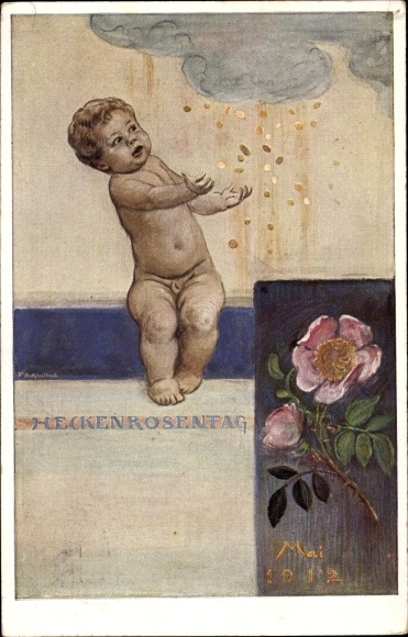 Artist PC Kaulbach, Friedrich August, Munich, Dog Rose Day May 1912, small child, rain of money