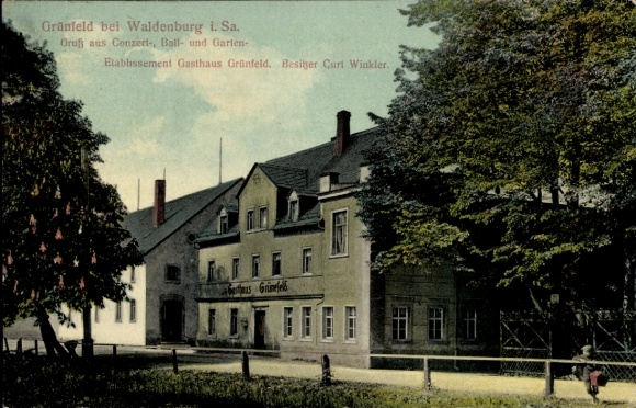 Postcard Grünfeld Waldenburg in Saxony, view of the establishment Gasthaus Grünfeld
