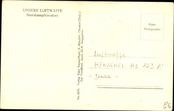 Postcard Luftwaffe, dive bomber, Henschel Hs 123