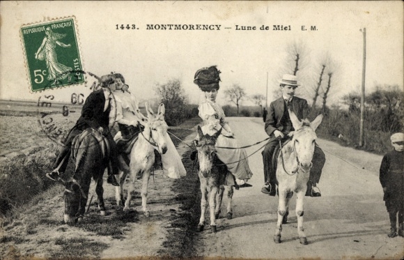 Ak Montmorency Val d’Oise, Reitergruppen auf Eseln, ländliche Szenerie,  
