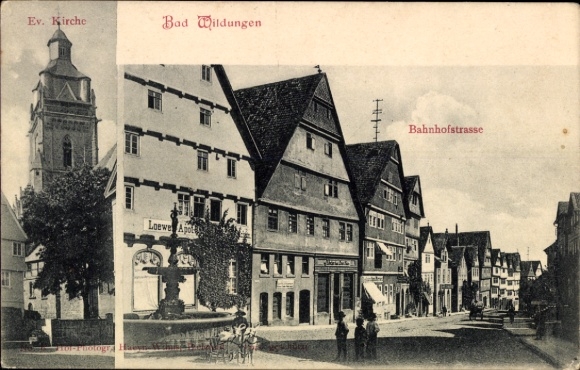 Postcard Bad Wildungen in Hesse, Protestant Church, Bahnhofstraße, Lion Apol, Building
