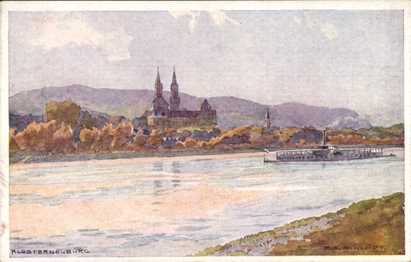Artist Postcard Schmidt, R., Klosterneuburg Lower Austria, Danube party, salon steamer