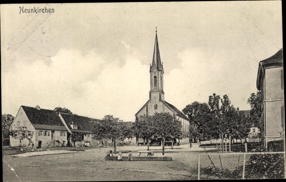 Postcard Neunkirchen in Baden, market square, church