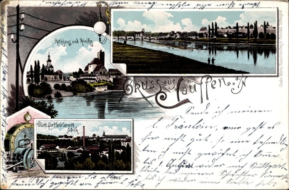 Chromo-Litho Lauffen am Neckar, City Hall, Church, Portland Cement Plant, View of the Village