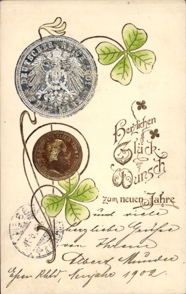 Präge Ak Glückwunsch Neujahr, Kleeblatt, Münze