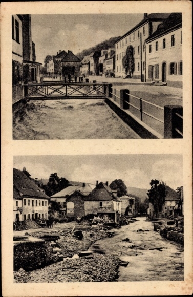 Ak Berggiesshübel, hoofdstraat, rivier, brug, storm op 08/09. Juli 1927