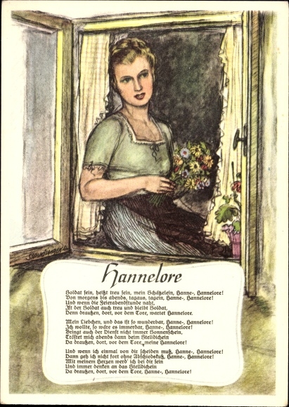 Song artist Postcard Hannelore, being a soldier means being loyal, woman at the window, bouquet of flowers