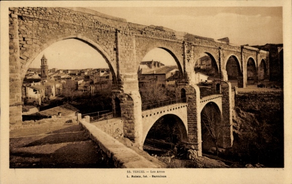Ak Teruel Aragón, Alte Steinbrücke, Stadtansicht, Schwarz-Weiß-Foto