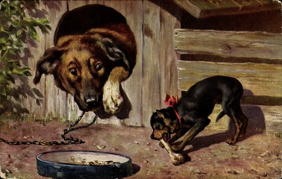 Artist Postcard Dog in doghouse, small dog with bone