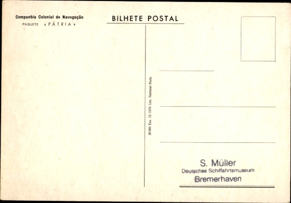 Kunstenaar Ak Ellis, G., Ship Patria, Companhia Colonial de Navegação CCN