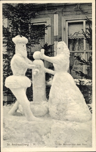 Postcard Sankt Andreasberg Braunlage in the Upper Harz, snow figures, fountain, gate