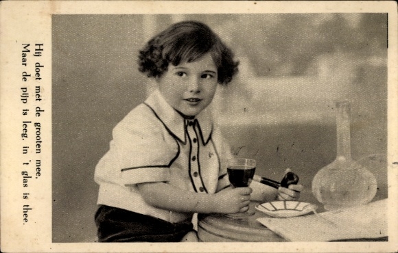 Postcard Child with Tobacco Pipe and Wine Glass