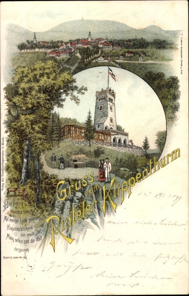 Chromo-Litho Rinteln on the Weser, greetings from the Rintel cliff tower, observation tower