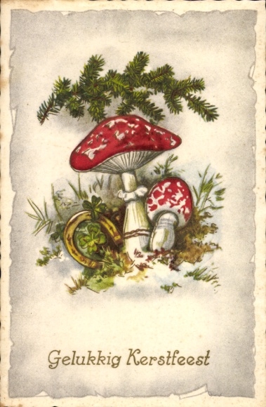 Wenskaart Kerstmis, paddenstoelen, hoefijzers, dennentakken