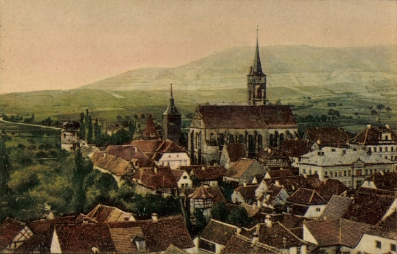Postcard Iphofen in Lower Franconia, colored view of church, hilly landscape, houses