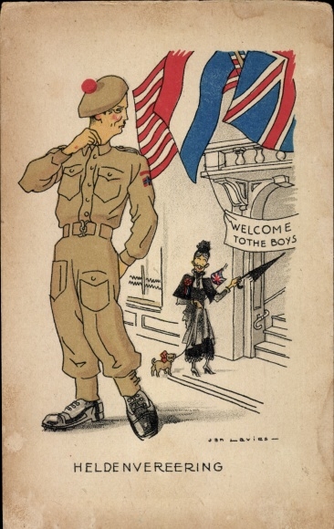 Artist Postcard Heldenvereering, Dutch soldier in front of a building, woman with dog