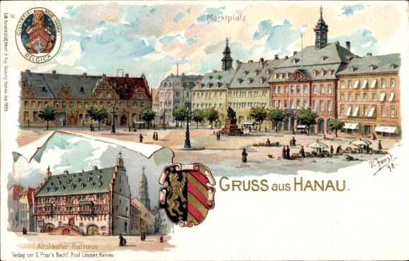 Embossed coat of arms artist Chromo-Litho Joost, R., Hanau Main Kinzig district, town hall, market square