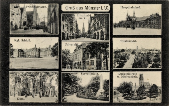 Ak Münster in Westfalen, Prinzipalmarkt, Hauptbahnhof, Schloss, Universität, Ludgerikirche, Dom
