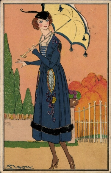 Artist Postcard Mauzan, Elegant Lady with Parasol