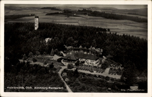 Postcard Helmbrechts in Upper Franconia, Kirchberg Restaurant, aerial photo