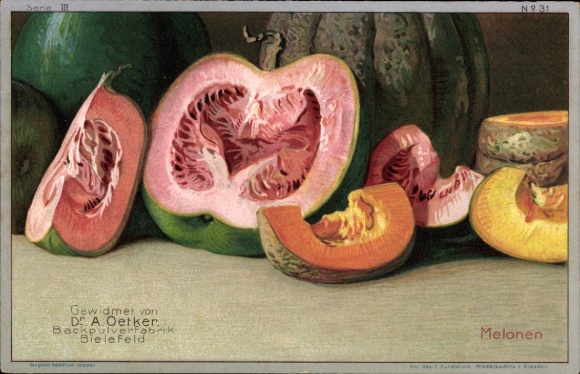 Künstler Ak Melonen, Stillleben, Dr. A. Oetker's Backpulverfabrik Bielefeld, Rezept Gewürz-Kuchen