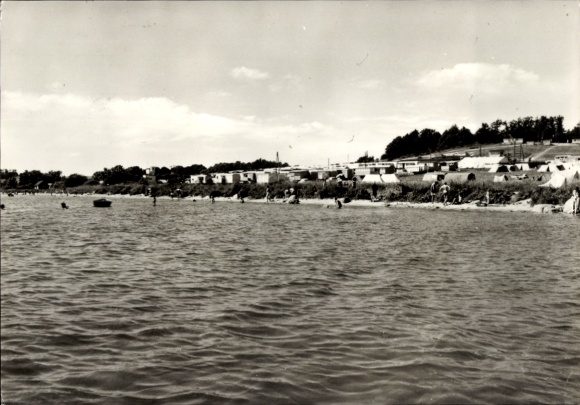 Postcard Putbus on the island of Rügen, campsite, beach, water, vacationers, trees, sky, Rügen