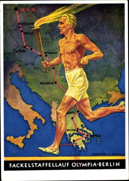 Artysta map KP Dreher, Schicker, sztafeta z pochodniami, Igrzyska Olimpijskie 1936, trasa biegacza z pochodniami