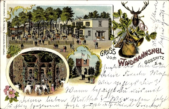 Litho Gößnitz in Thüringen, Gastwirtschaft Waidmannsheil, Wintergarten, Ruine