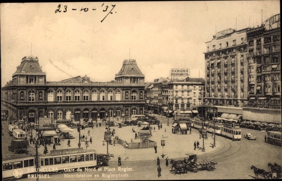 Ak Bruxelles Brüssel, Bahnhof Nord, Platz Rogier, Straßenbahnen, Menschen,  