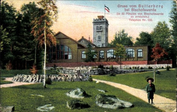 Ak Butterberg Bischofswerda in Sachsen,  vom Butterberg, Gebäude mit Turm, Natur, Schriftzug