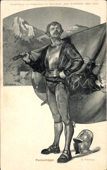 Ak Schweiz, Pannerträger, Mann mit Fahne, Gebirge
