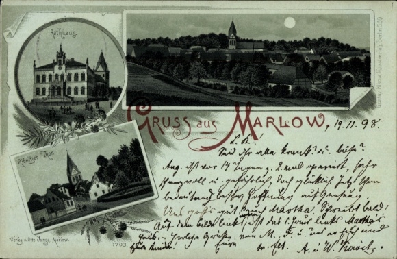 Moonlight Chromo-Litho Marlow in Mecklenburg, general view, town hall, Ribnitzer Gate