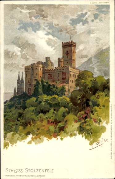 Kunstenaar litho Reiss, Fritz, Stolzenfels Koblenz am Rhein, kasteel