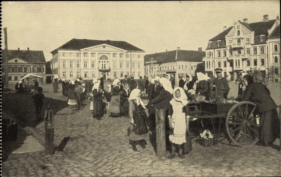 Postcard Jelgava Mitau Latvia, market square, traditional costumes, spa hotel