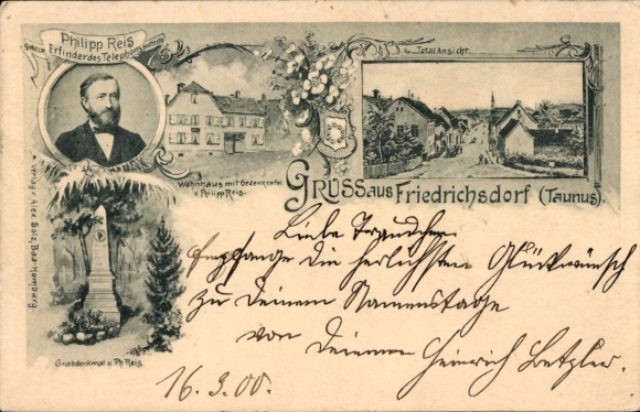 Postcard Friedrichsdorf im Taunus, inventor Philipp Reis, grave monument, telephone