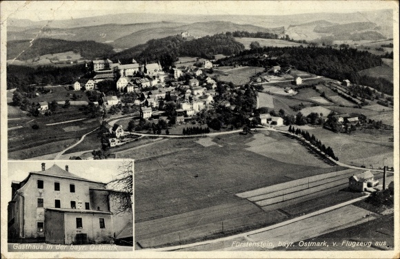 Ak Fürstenstein in het Donauwoudgebied van Neder-Beieren, luchtfoto, herberg, panorama van de site