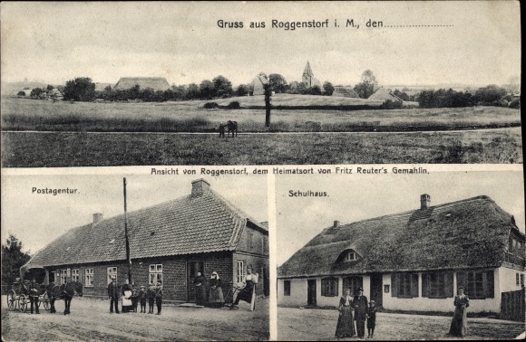 Postcard Roggenstorf in Mecklenburg, school building, post office, view of the town