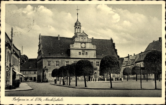 Postcard Belgern in Saxony, market square, beer hall, Roland