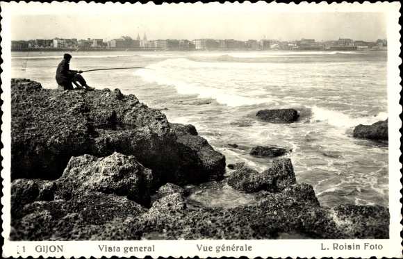 Ak Gijón Asturias Spanje, Vista algemeen, Man vissen