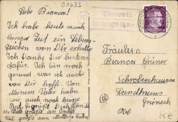 (10) Pinnewitz über Lommatzsch 25.01.1945 auf Ansichtskarte  mit 6 Pf Hitler
