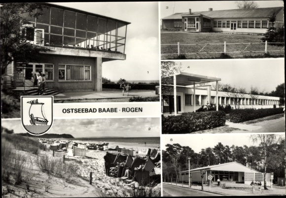 Postcard Ostseebad Baabe on Rügen, Coat of Arms, HOG Inselparadies, HOG Am See, Haus Granitz, department store