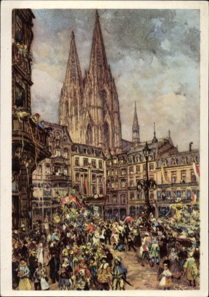 KP artysta pocztówka Köln am Rhein, karnawał, parada, katedra