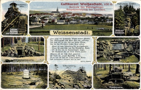 Postcard Weißenstadt im Fichtelgebirge, Waldstein, Schüssel, Weißmainquelle, Egerquelle, Schneeberg