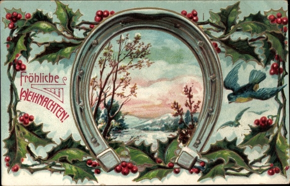 Emboss Ak Gefeliciteerd Kerstmis, hoefijzer, hulst, vogel