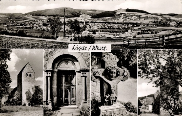 Postcard Lügde in the Weserbergland, total view, church, cross, tower, entrance