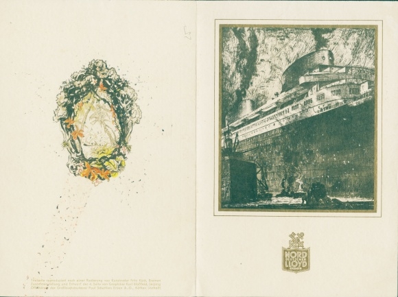 Vouwkaart, snelstoomboot Columbus, kerstreis 1935, NDL, uittreksel uit het scheepslogboek