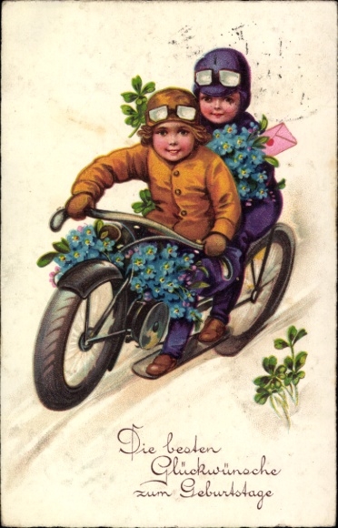Postcard Congratulations Birthday, children riding motorcycles, lucky clover, forget-me-not