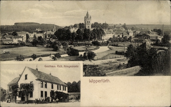 Postcard Wipperfürth Oberbergischer Kreis, panoramic view of Gasthaus Rich. Kriegeskorte