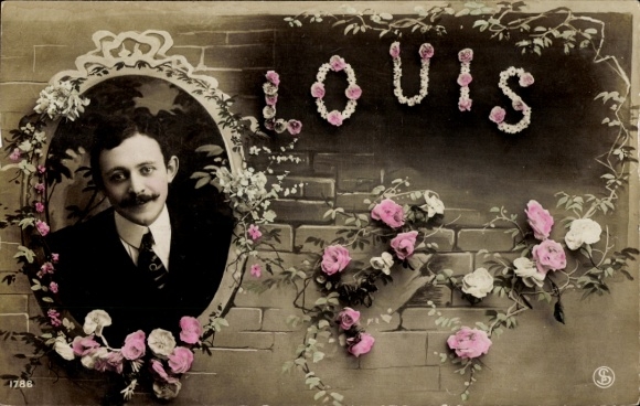 Letters Postcard First Name Louis, Man Portrait, Flowers